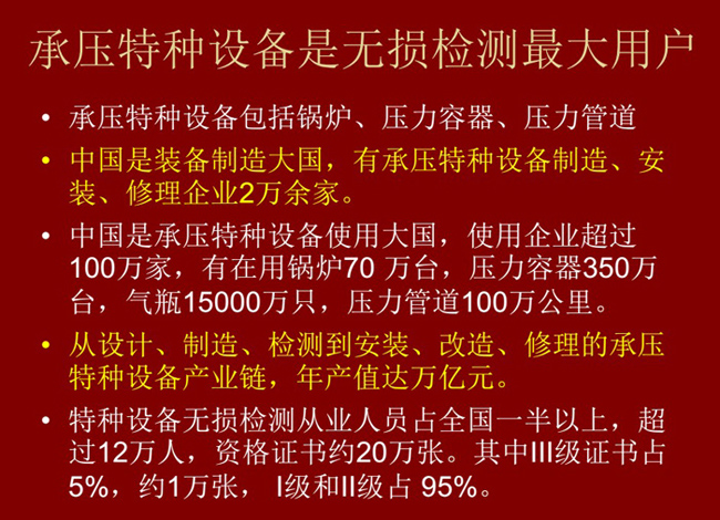 承壓特種設(shè)備包括鍋爐、壓力容器、壓力管道，承壓特種設(shè)備是無(wú)檢測(cè)最大用戶 