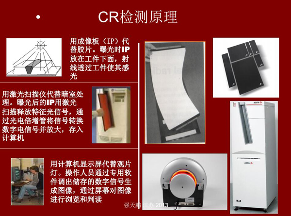 CR檢測(cè)原理：用成像板代替膠片，曝光時(shí)成像片放在工件下面，射線透過(guò)工件使其感光；曝光后的成像板用激光掃描釋放特征光信號(hào)，通過(guò)光電轉(zhuǎn)換存入計(jì)算機(jī)