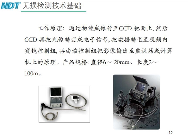 電子視頻內(nèi)窺鏡工作原理：通過(guò)物鏡成像傳至CCD耙面上，然后CCD再把光像轉(zhuǎn)變成電子信號(hào)，把數(shù)據(jù)轉(zhuǎn)送至視頻內(nèi)窺鏡控制組，再由該控制組輸出至監(jiān)視器或計(jì)算機(jī)上。