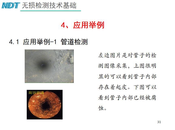 應(yīng)用舉例一1 管道檢測(cè)，從兩張檢測(cè)對(duì)比圖片可以明顯看到管子  內(nèi)部存在著起皮，另一張可以看以管子內(nèi)部己經(jīng)被腐蝕