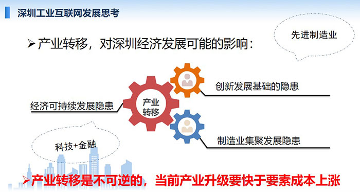 產(chǎn)業(yè)轉(zhuǎn)移，對深圳經(jīng)濟發(fā)展可能的影響：創(chuàng)新發(fā)展基礎(chǔ)的隱患、經(jīng)濟可持續(xù)發(fā)展隱患、制造業(yè)集聚發(fā)展隱患；產(chǎn)業(yè)轉(zhuǎn)移是不可逆的， 當(dāng)前產(chǎn)業(yè)升級要快于要素成本上漲