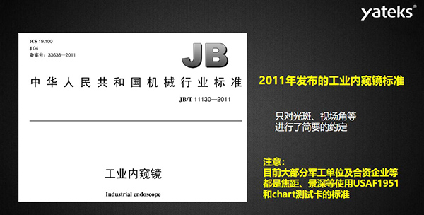 2011年發(fā)布的工業(yè)內(nèi)窺鏡標準只對光斑、視場角等進行了簡要的約定， 目前大部分軍工單位及合資企業(yè)等都是焦距、景深等使用USAF1951和chart測試卡的標準