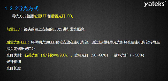 導(dǎo)光方式包括前置LED和后置光纖LED，前置LED：鏡頭前端上安裝的LED燈進(jìn)行發(fā)光照亮，后置光纖LED：將照明光源LED顆粒安放在主機(jī)內(nèi)部， 通過低損耗導(dǎo)光光纖將光由主機(jī)內(nèi)部傳導(dǎo)至探頭前端出光口處