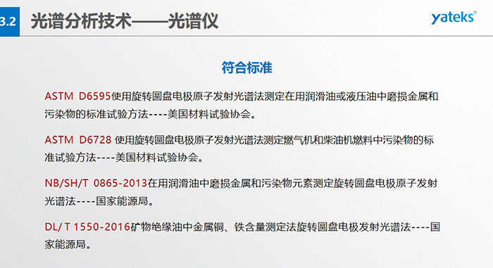 ASTM D6595使用旋轉(zhuǎn)圓盤電極原子發(fā)射光譜法測定在用潤滑油或液壓油中磨損金屬和污染物的標(biāo)準(zhǔn)試驗(yàn)方法----美國材料試驗(yàn)協(xié)會(huì)。   ASTM D6728 使用旋轉(zhuǎn)圓盤電極原子發(fā)射光譜法測定燃?xì)鈾C(jī)和柴油機(jī)燃料中污染物的標(biāo)準(zhǔn)試驗(yàn)方法----美國材料試驗(yàn)協(xié)會(huì)。   NB/SH/T 0865-2013在用潤滑油中磨損金屬和污染物元素測定旋轉(zhuǎn)圓盤電極原子發(fā)射光譜法----國家能源局。   DL/ T 1550-2016礦物絕緣油中金屬銅、鐵含量測定法旋轉(zhuǎn)圓盤電極發(fā)射光譜法----國家能源局。